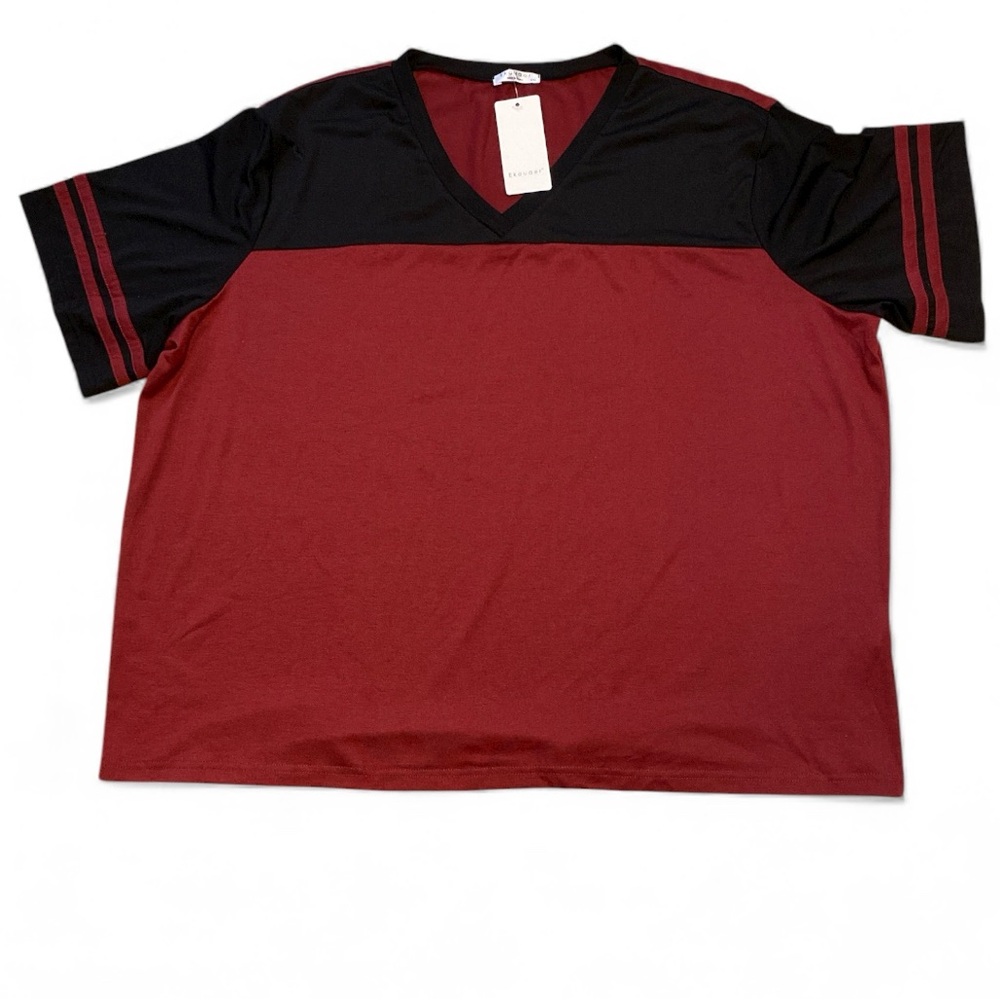 Ekouaer Burgundy and Black V-Neck Short Sleeve Shirt